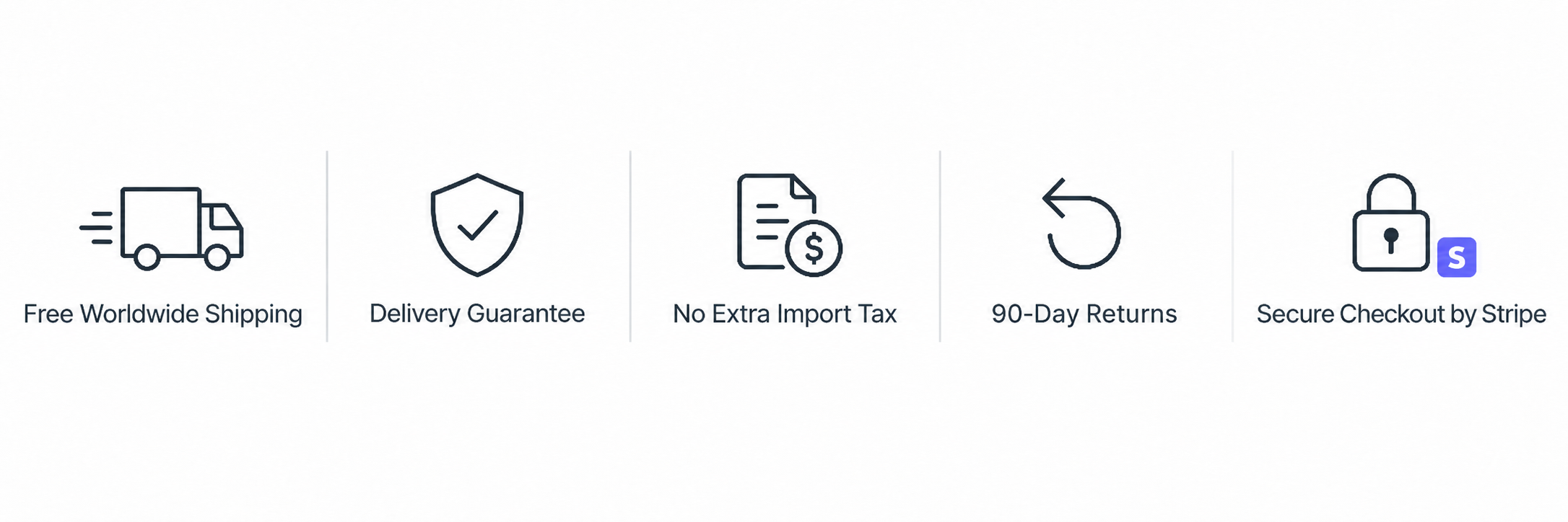 Free Worldwide Shipping, Delivery Guarantee, No Extra Import Tax, 90-Day Returns and Secure Checkout by Stripe